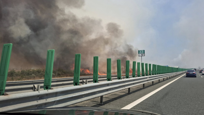VIDEO  Incendiu de vegetație lângă Autostrada Soarelui: pompierii intervin cu mai multe autospeciale. Traficul rutier, afectat