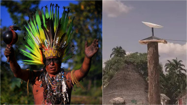 membru al unui trib din Brazilia / o antenă Starlink într-un sat din jungla amazoniană