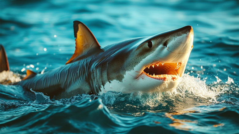 Ocean shark bottom view from below. Open toothy dangerous mouth with many teeth. Underwater blue sea waves clear water shark swims forward