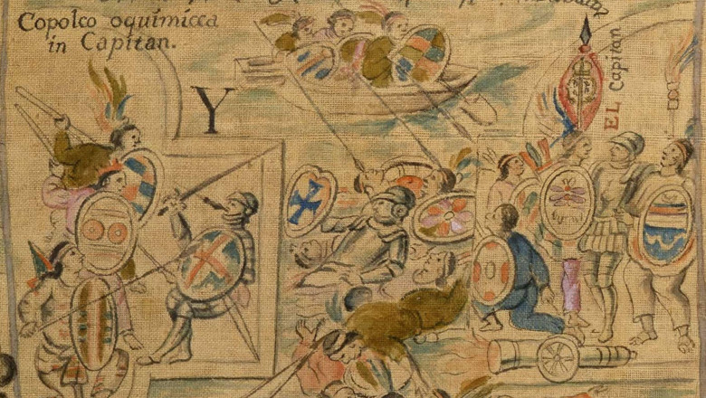 Detail from the 1773 reproduction of the Lienzo de Tlaxcala, depicting the capture of Spanish captain Hernán Cortés by Mexica forces during the Battle of Colhuacatonco in 1521, a significant moment in the Siege of Tenochtitlan.