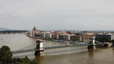 View of the Chain Bridge (Lanchid) from Castle Hill in Budapest