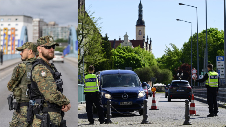 soldați polonezi și polițiști germani fac verificări la granița dintre Germania și Polonia