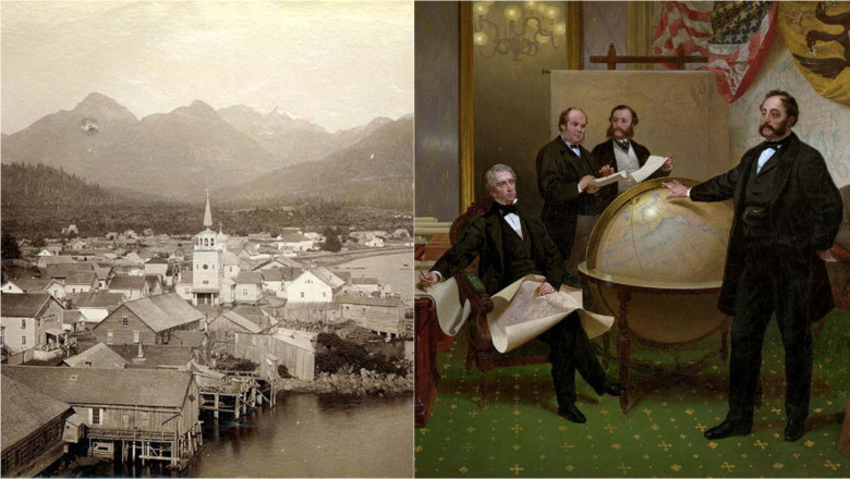 imagine cu Sitka, Alaska, din secolul al XIX-lea / tablou cu negocierile SUA-Rusia pentru vânzarea Alaskăi