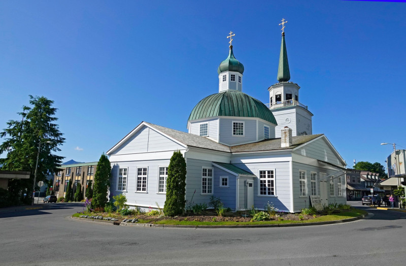 Sitka, Alaska. A view of the Russian Orthodox Church, Saint Michael's Cathedral, in downtown Sitka, Alaska. It is the earliest Orthodox cathedral in t