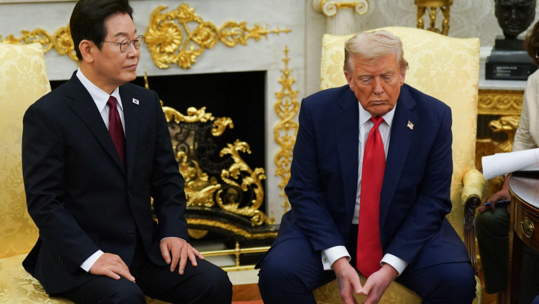 US President Donald Trump, right, and Lee Jae Myung, South Korea's president, during a meeting in the Oval Office of the White House in Washington, DC, US, on Monday, Aug. 25, 2025. Trump blasted South Korea for political instability, foreshadowing a pote