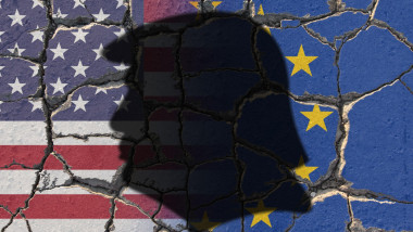 Silhouette Of Donald Trump With Flags Of Usa And Eu European Union On Eroding Ground