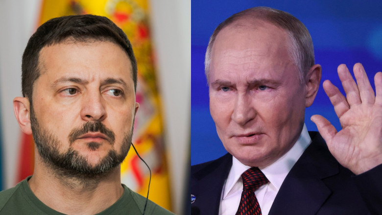 Volodimir Zelenski (stânga) și Vladimir Putin (dreapta)