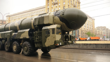 Modern ballistic nuclear rockets on rehearsal of military parade in Moscow, Russia