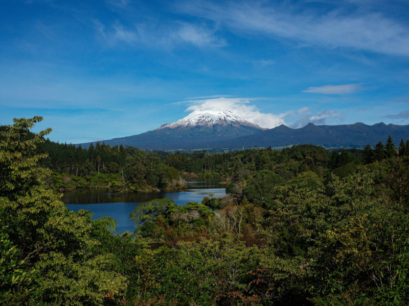 Panoramic view of the iconic snow capped Mount Taranaki Egmont National Park from lush green bush tree forest vegetation at Lake Mangamahoe New Plymou