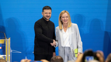 Rome, Italy. 10 July, 2025. Ukrainian President Volodymyr Zelenskyy, left, shakes hands with Italian Prime Minister Giorgia Meloni, right, after a press conference following the meeting of the Coalition of the Willing, July 10, 2025 in Rome, Italy. The tw