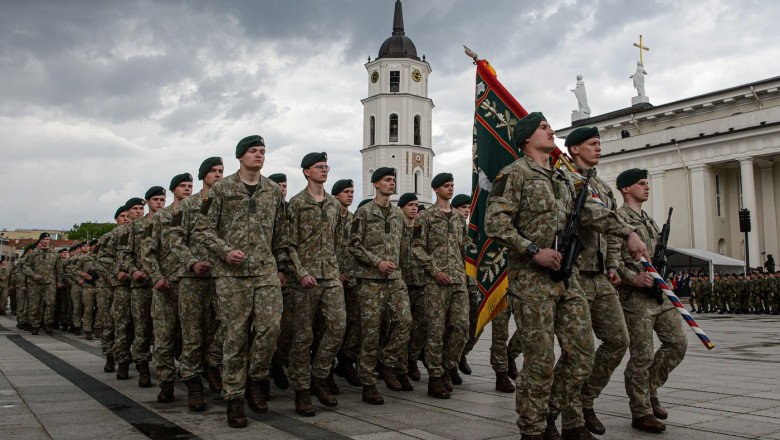 Lithuanian soldiers march during the inauguration of the German Brigade' ceremony. The German 45th Armored Brigade "Lithuania" was officially inaugurated at a ceremony held at Cathedral Square in Vilnius, with the participation of German Federal Chancello