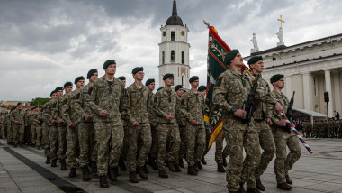 Lithuanian soldiers march during the inauguration of the German Brigade' ceremony. The German 45th Armored Brigade "Lithuania" was officially inaugurated at a ceremony held at Cathedral Square in Vilnius, with the participation of German Federal Chancello