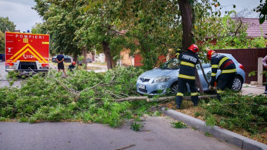 pompieri taie copac cazut peste o masina