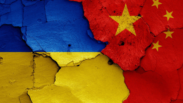 flags of Ukraine and China painted on cracked wall