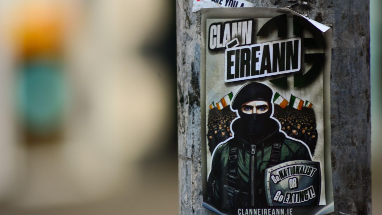 Belfast, United Kingdom 10/03/2025 Stickers from the Irish far-right clann eireann in south belfast on botanic avenue and dublin road. Concerns have been raised ahead of a planned anti-immigration protest on Sunday 23 March, previous protests in august 20