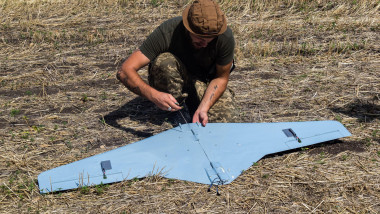 Donbas, Ukraine, August 13, 2025 A Ukrainian soldier uses a drone in Donbas. The drone war rages in Ukraine and marks a turning point in the war with
