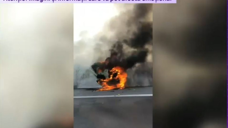 VIDEO  Accident grav pe A1. O mașină s-a răsturnat și a luat foc după ce s-a izbit de un camion