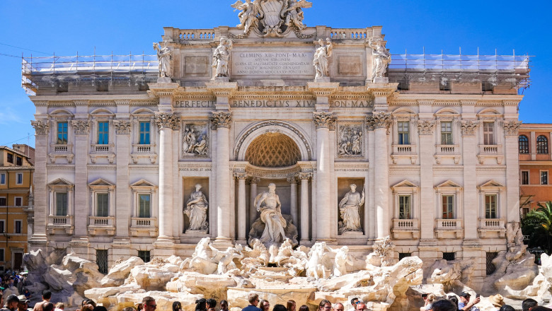 Rom, Italien, Europa, Trevi-Brunnen, Fontana di Trevi, Touristenattraktion, barocker Brunnen, kunstvolles Bauwerk, Touri