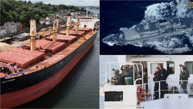 colaj cu poze din timpul misiunii forțelor speciale din Irlanda împotriva unui cargobot care transporta droguri