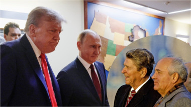 colaj cu Donald Trump și Vladimir Putin în Alaska și Ronald Reagan și Mihail Gorbaciov la New York