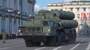 SAINT PETERSBURG, RUSSIA - APRIL 28, 2022: The missile launcher of the S-400 Triumph anti-aircraft missile system. The rehearsal of the