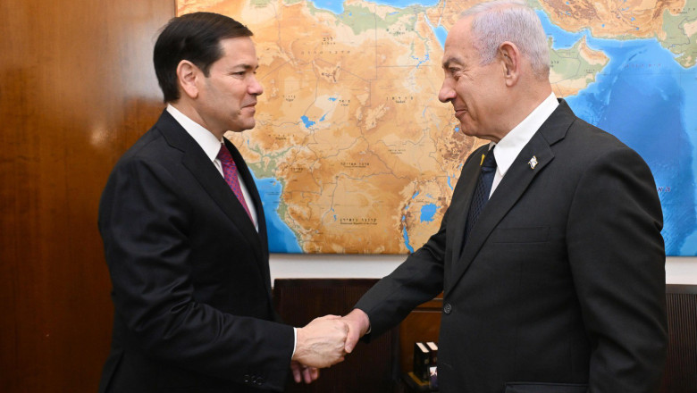 Israeli Prime Minister BENJAMIN NETANYAHU shakes hand with US Secretary of State MARCO RUBIO at the Prime Minister's Office in Jerusalem