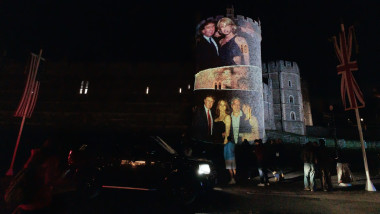 Windsor, UK. 16th September, 2025. Political campaign group Led By Donkeys project images of Donald Trump and convicted paedophile Jeffrey Epstein onto Windsor Castle as US President Trump's second state visit to the UK begins. Credit: Mark Kerrison/Alamy
