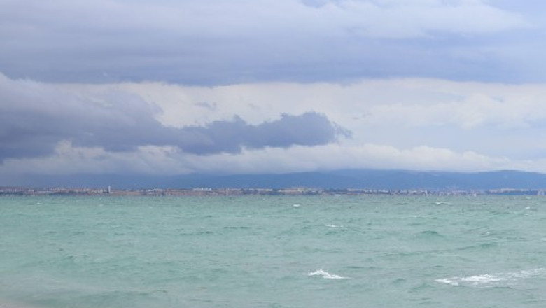 Stormy weather at sea, waves close-up. Bulgaria, Black Sea near the city of Pomorie. Waves on the sea near the shore in the evening. Sea evening