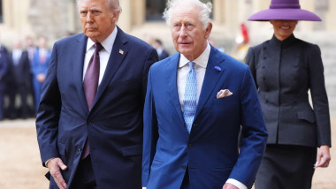 US President Donald Trump (left) and King Charles III during the ceremonial welcome at Windsor Castle, Berkshire, on day one of the president's second state visit to the UK. Picture date: Wednesday September 17, 2025.