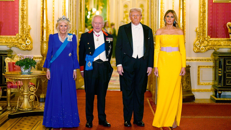 King Charles III and Queen Camilla stand with US President Donald Trump and First Lady Melania Trump at the state banquet at Windsor Castle, Berkshire, on day one of the president's second state visit to the UK. Picture date: Wednesday September 17, 2025.