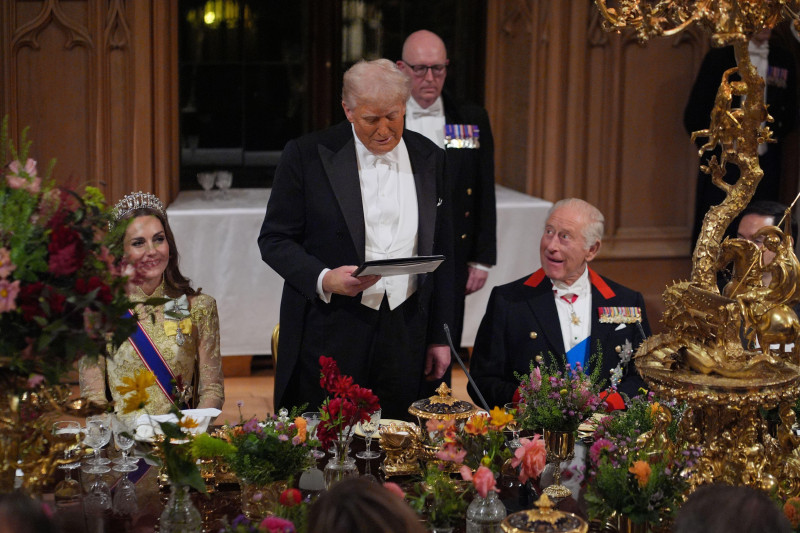 US President Donald Trump delivers his speech as King Charles III and the Princess of Wales listen during the state banquet for the US President and First Lady Melania Trump at Windsor Castle, Berkshire, on day one of their second state visit to the UK. P
