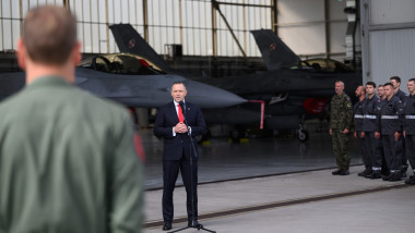 Polish President Karol Nawrocki at a meeting with soldiers at the 31nd Tactical Air Base in Poznan-Krzesiny