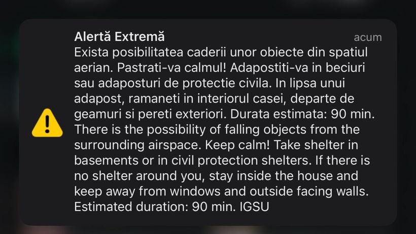 RO-Alert pentru zona de nord a judeţului Tulcea. Risc de cădere a unor „obiecte din spaţiul aerian”