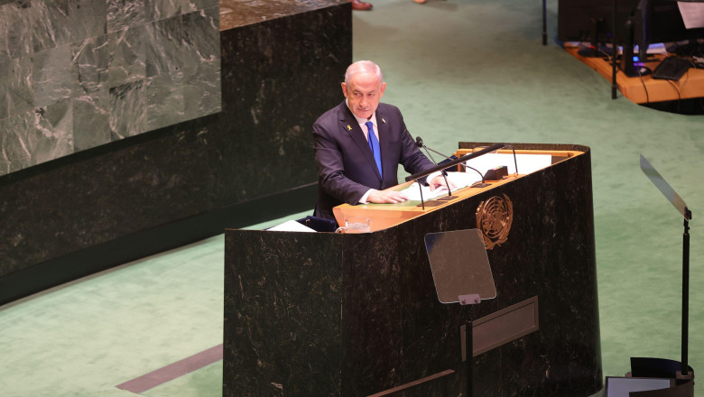 New York, NY - September 27, 2024: Israeli Prime Minister Benjamin Netanyahu addresses the 79th session of the United Nations General Assembly. In his speech, Netanyahu discussed Israel's stance on regional security, peace initiatives, and global cooperat