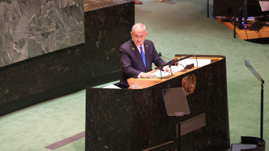 New York, NY - September 27, 2024: Israeli Prime Minister Benjamin Netanyahu addresses the 79th session of the United Nations General Assembly. In his speech, Netanyahu discussed Israel's stance on regional security, peace initiatives, and global cooperat