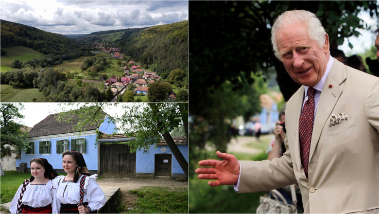 colaj cu Regele Charles al III-lea în România și imagini Viscri și Valea Zălanului