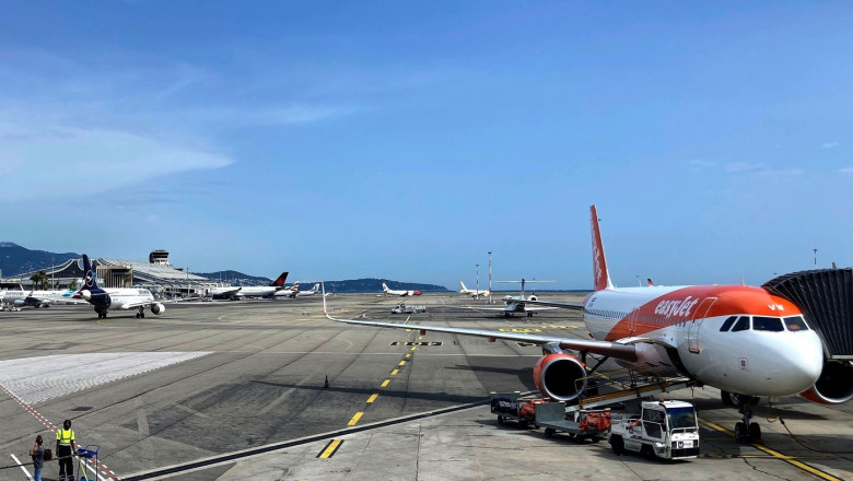 Passengers boarding at Nice Côte d'Azur airport in France.