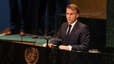 France's President Emmanuel Macron speaks during a United Nations Summit on Palestinians at UN headquarters during the United Nations General Assembly (UNGA) in New York on September 22, 2025