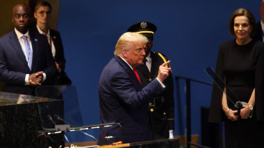 President Donald Trump departs after speaking during the 80th session of the UN’s General Assembly (UNGA) at the United Nations headquarters on September 23, 2025