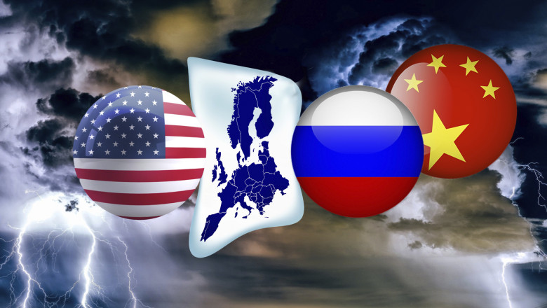 ilustrație cu Europa presată din toate părțile de SUA, Rusia și China