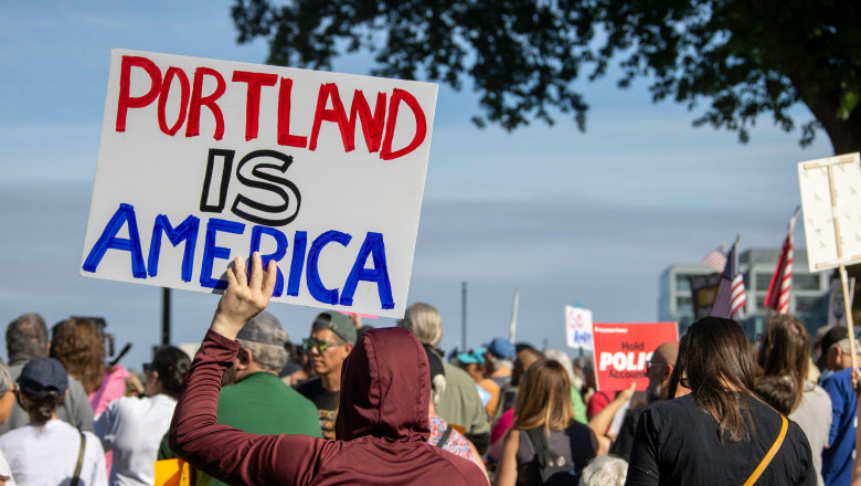 PORTLAND, OR: Demonstrators gathered at the Battleship Oregon Memorial for a peaceful rally and march through downtown Portland opposing the deployment of federal forces. The protests are sponsored by SEIU Local 503, the ACLU of Oregon, Basic Rights Oreg
