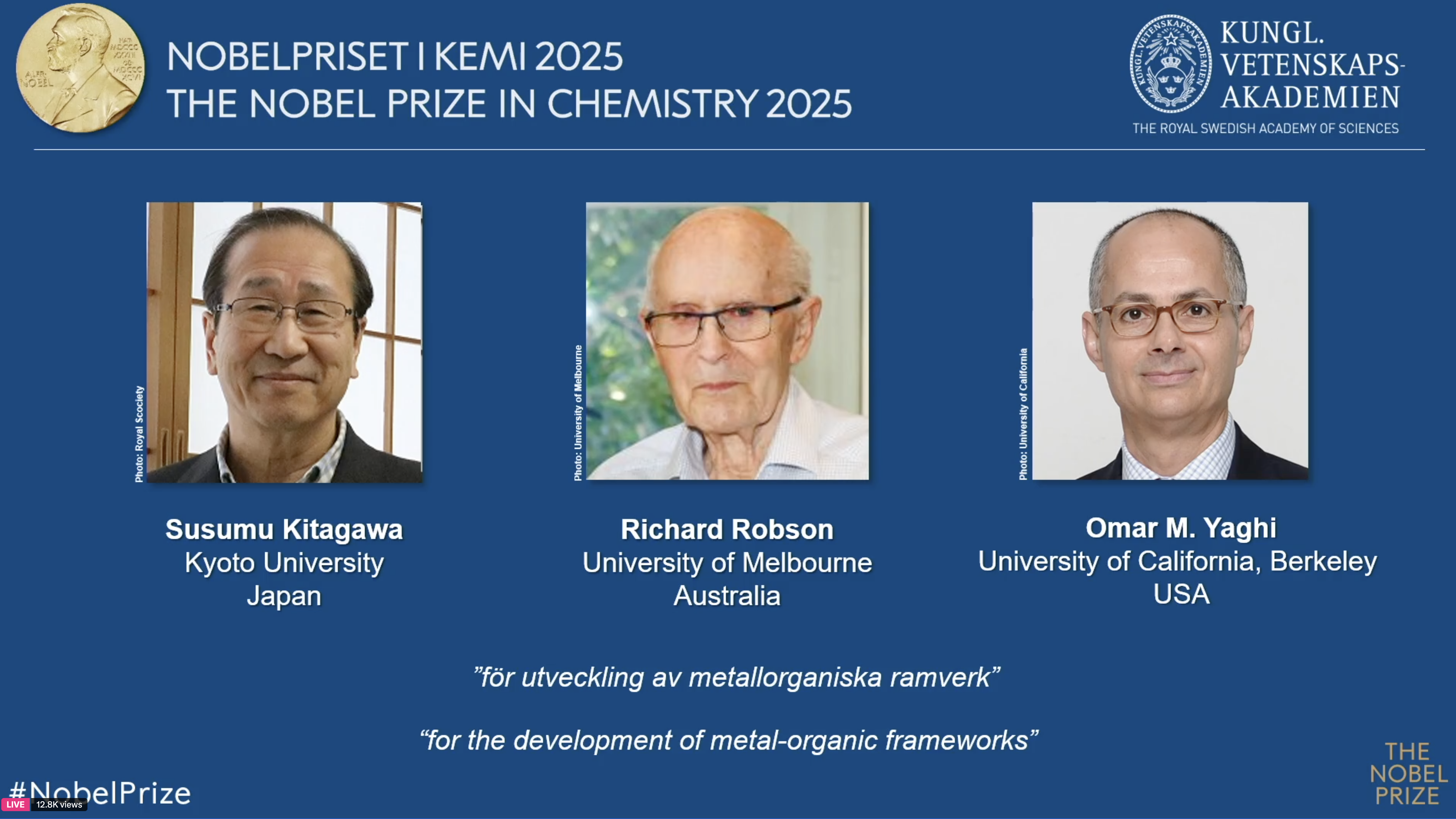 Premiul Nobel pentru Chimie pe anul 2025 a fost câștigat de trei cercetători: Susumu Kitagawa, Richard Robson și Omar Yaghi