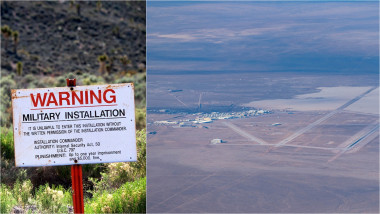 semn de avertizare în apropierea bazei militare Area 51 din Nevada / imagine din avion cu Area 51