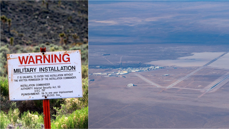 semn de avertizare în apropierea bazei militare Area 51 din Nevada / imagine din avion cu Area 51