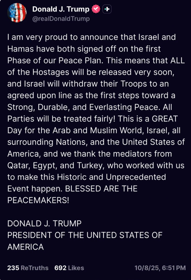 Trump Says 'First Phase' Of Gaza Peace Plan Has Been Signed