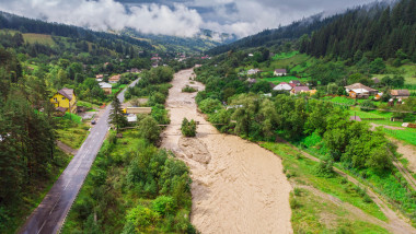 small river after flood or storm. Aerial view, Romania