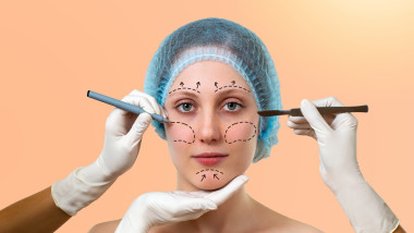 Portrait of woman with marks on face for plastic surgery