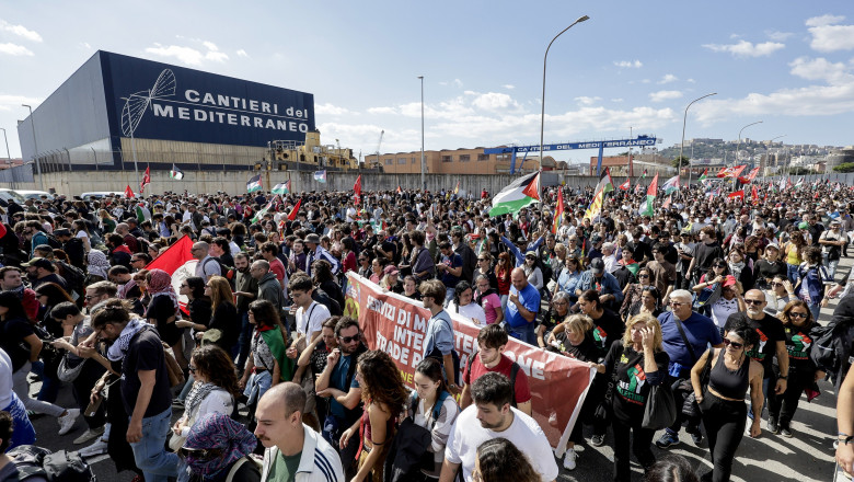 People attend a demonstration in Naples demanding the release of the Global Sumud flotilla, which was carrying humanitarian aid to Gaza, crossing the entire commercial and tourist port area, entering the MSC container area. The intercept