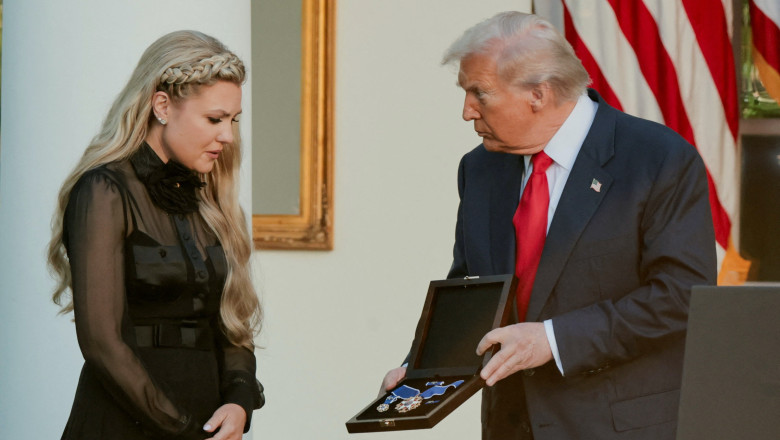 President Donald Trump presents the Medal of Freedom to Erika Kirk, wife of slain conservative commentator Charlie Kirk
