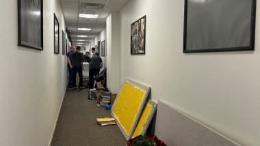 Journalists pose on the steps of the Pentagon in Washington